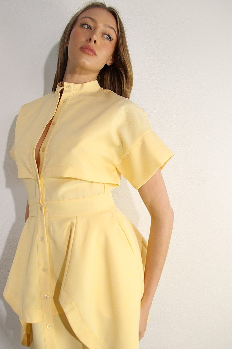 Trendy creamy butter, button down mini dress.