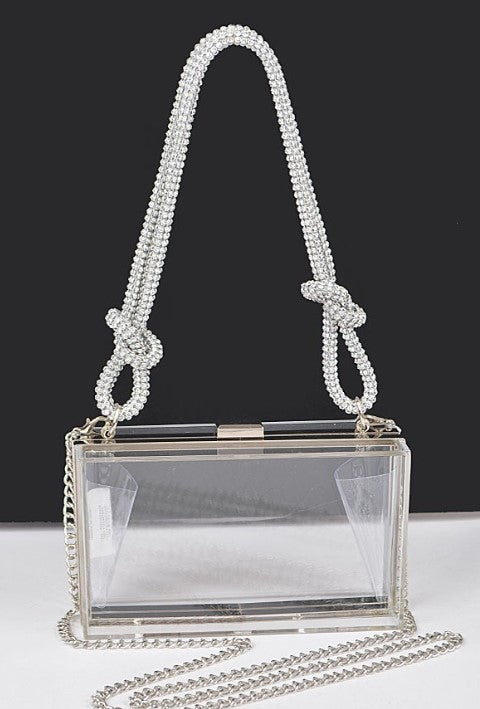 Cross-body si prefieres. Bolso pequeño en acrílico transparente (Aprobado por el Choliseo de PR). Con el "glam" que necesitas.