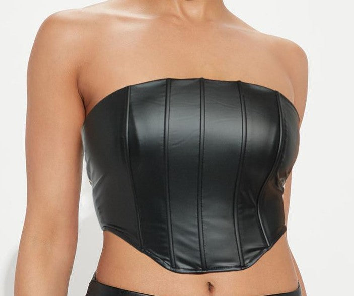 Vegan leather crop top, shine bright on your next hang out.
