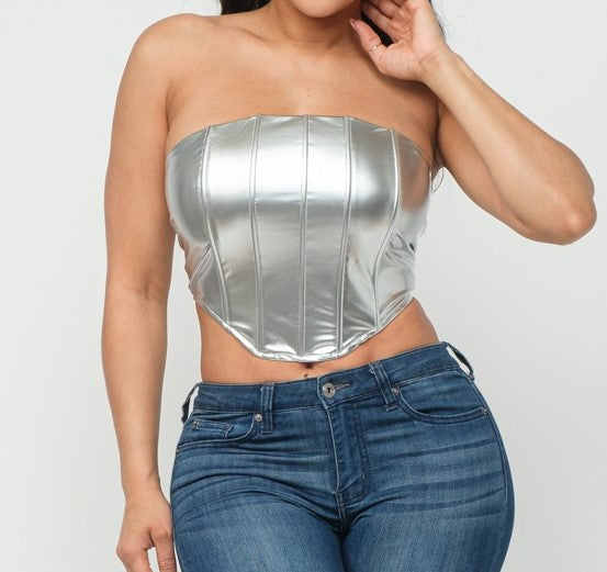 Vegan leather crop top, shine bright on your next hang out.