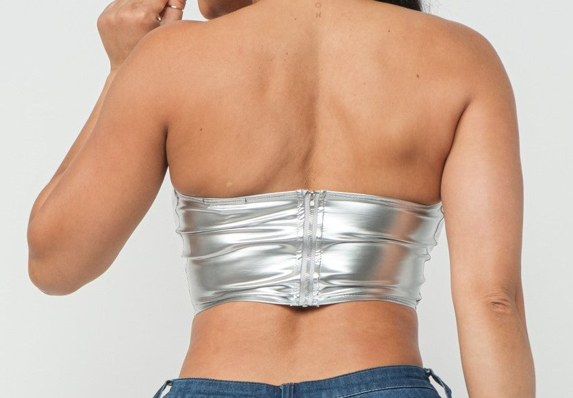 Vegan leather crop top, shine bright on your next hang out.