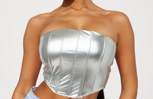Vegan leather crop top, shine bright on your next hang out.