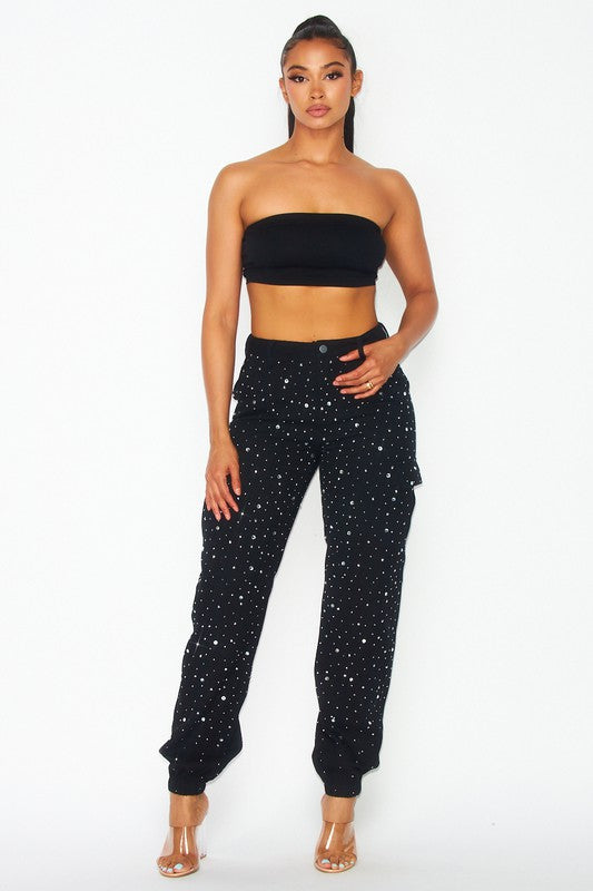 Rhinestones cargo bubble pant for a fun and festive occasion.