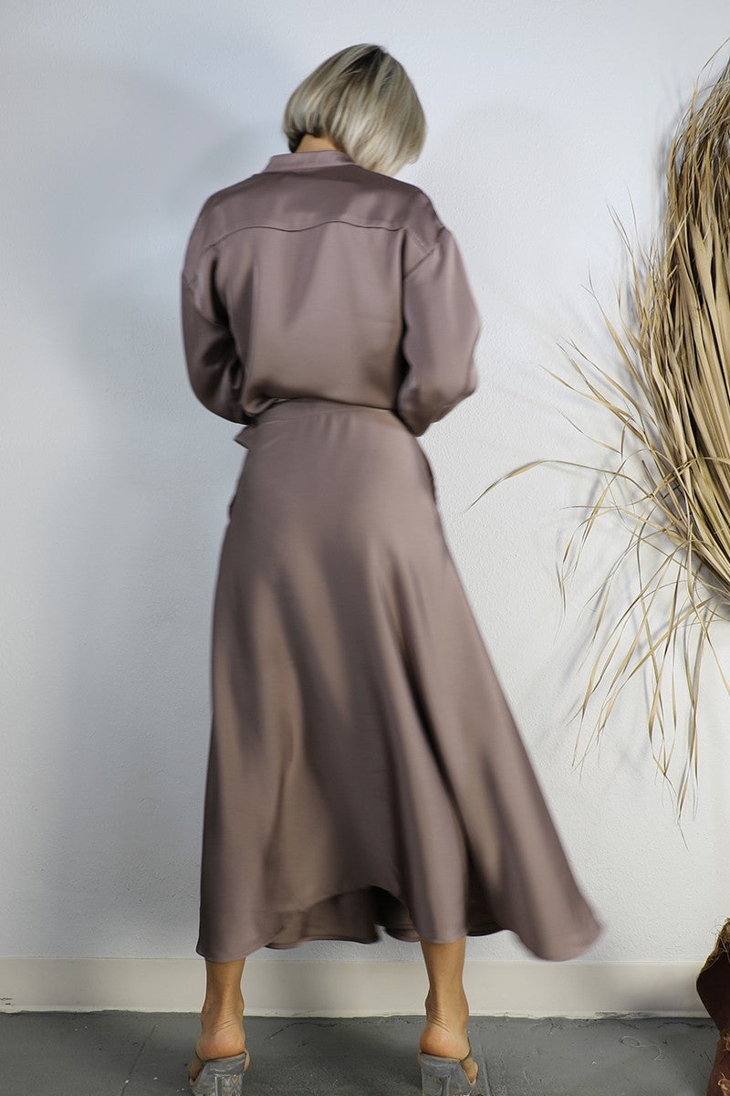 Sexy and Elegant Satin Blouse and Wrap Around Skirt