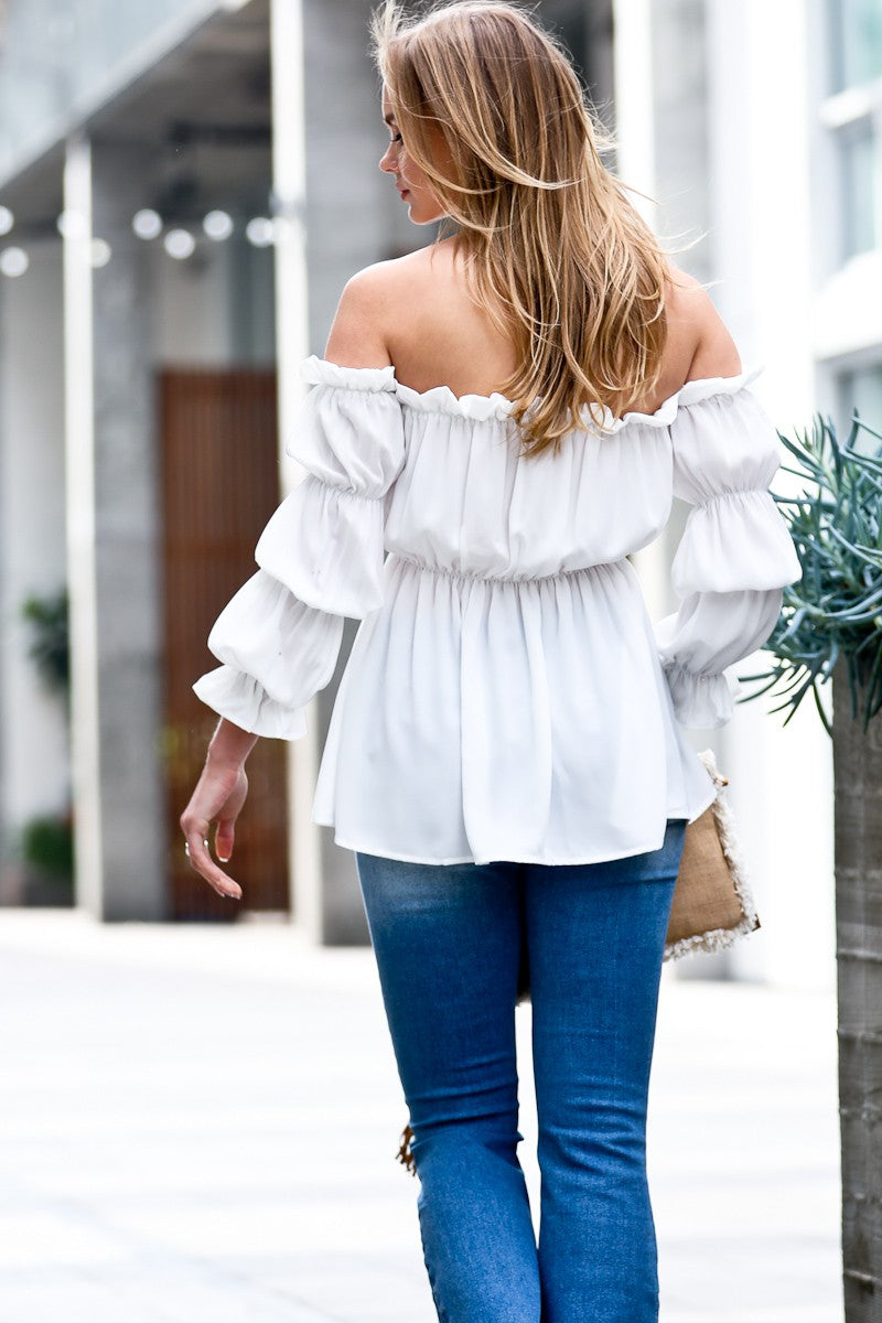 Off Shoulder Ruffled Top, Perfect for jeans or shorts for outdoor activities.