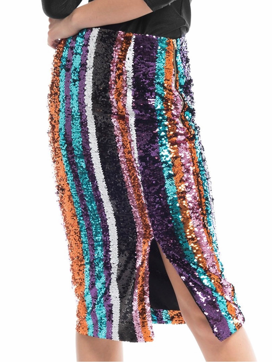Sequin pencil skirt, flashy colors to celebrate life.