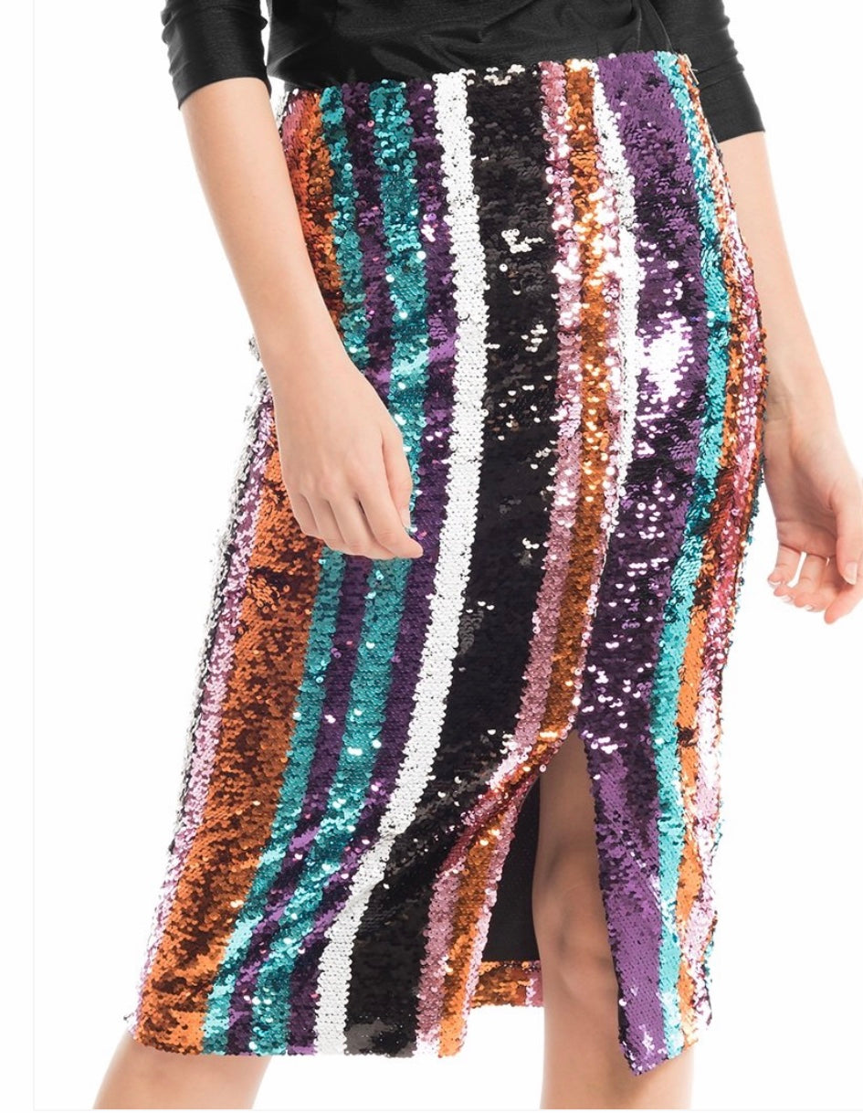 Sequin pencil skirt, flashy colors to celebrate life.