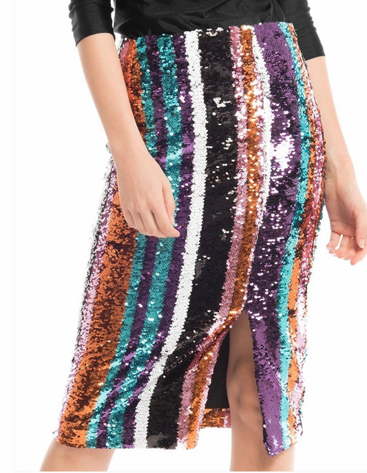 Sequin pencil skirt, flashy colors to celebrate life.