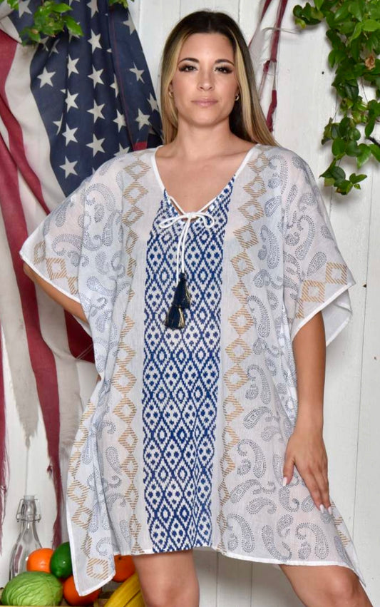 White, blue and gold tunic. Coverup for your swimsuit.