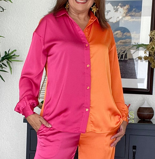 Pink and orange button down satin shirt. Look for trousers.