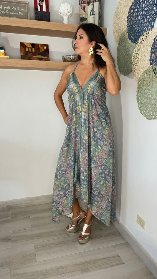 Metallic Print Halter Dress. Fabulous for resorts, cruises or any vacation.