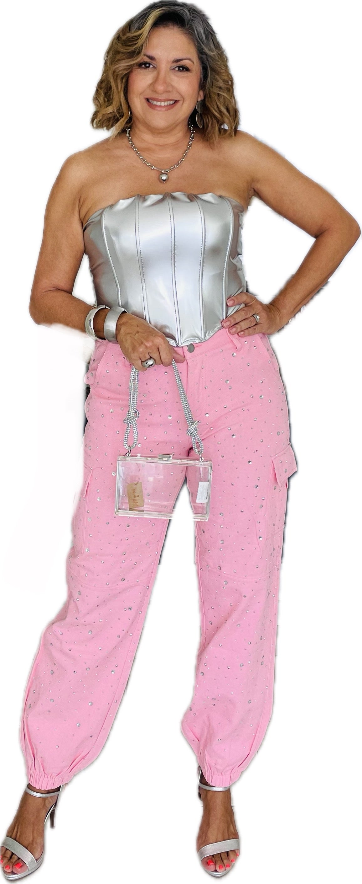 Rhinestones cargo bubble pant for a fun and festive occasion.