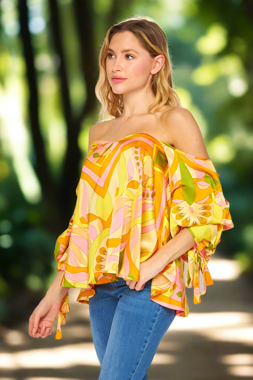 Pink and Yellow Print off shoulder top, sexy and fresh with a touch of feminine.