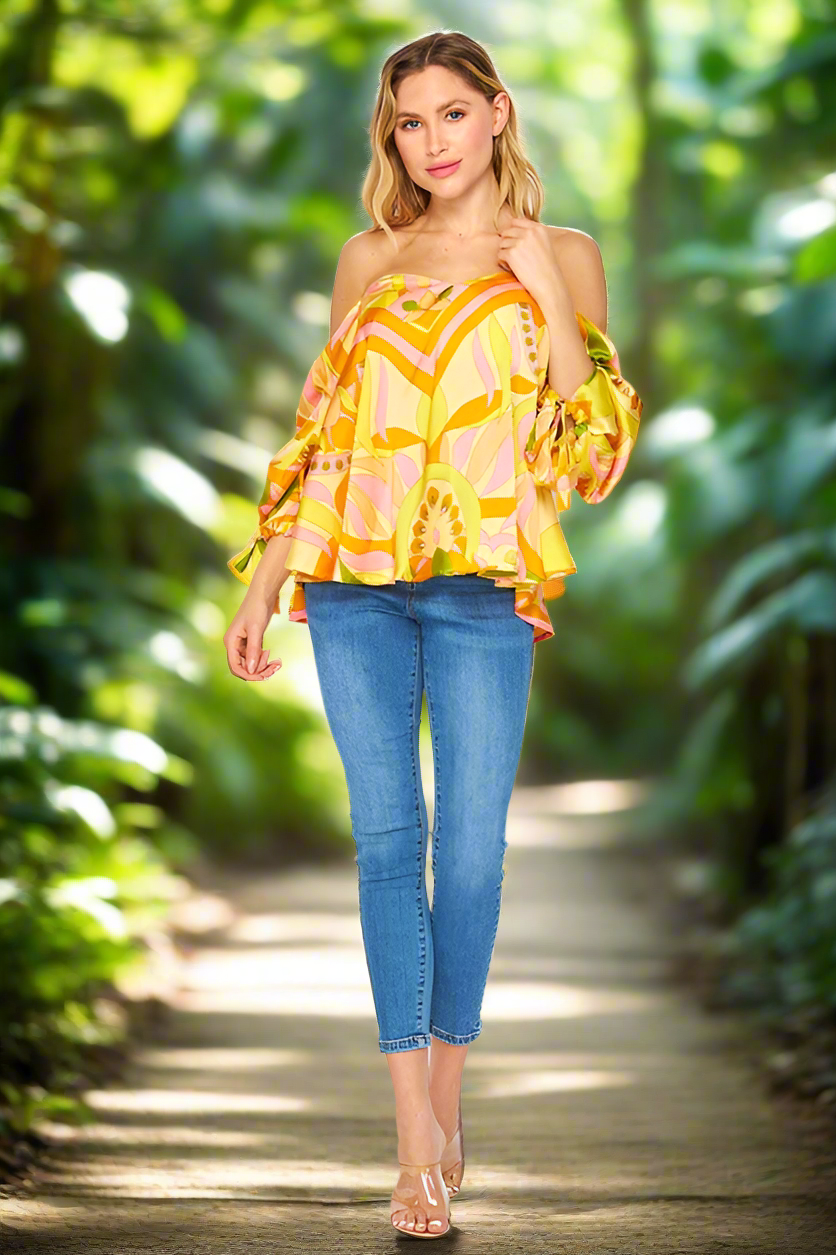 Pink and Yellow Print off shoulder top, sexy and fresh with a touch of feminine.