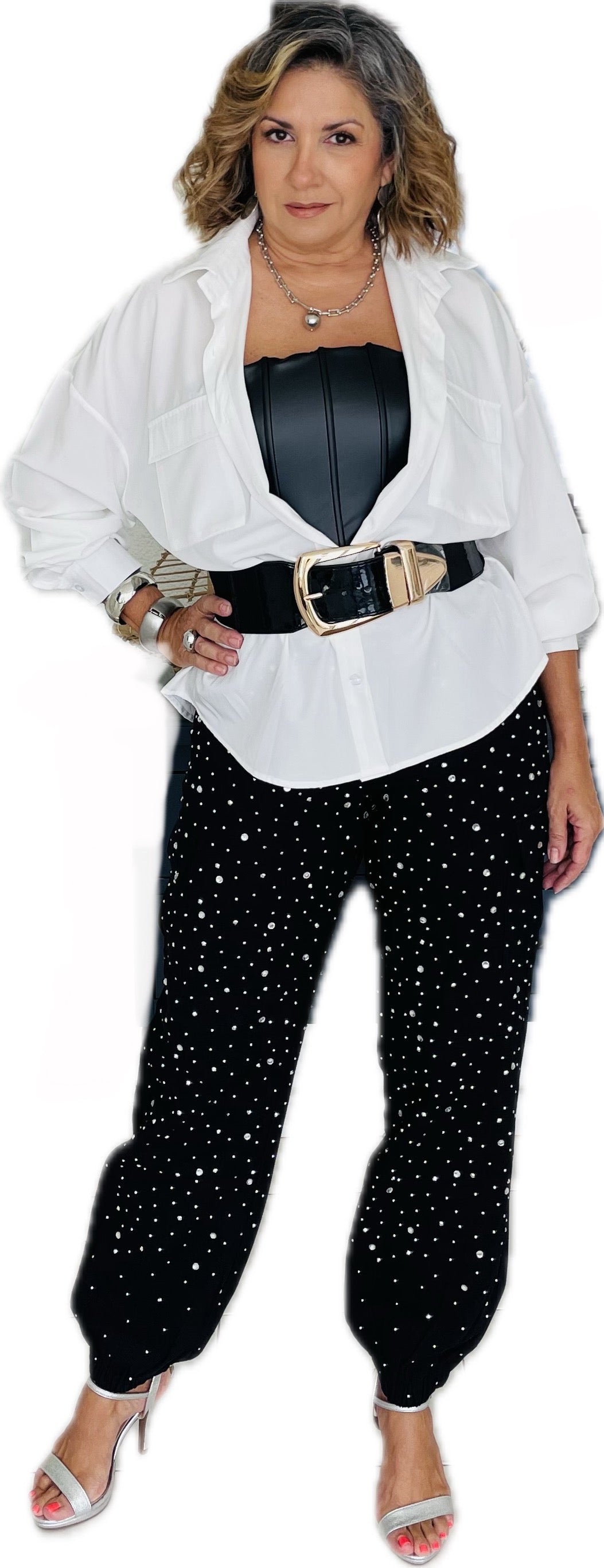 Rhinestones cargo bubble pant for a fun and festive occasion.