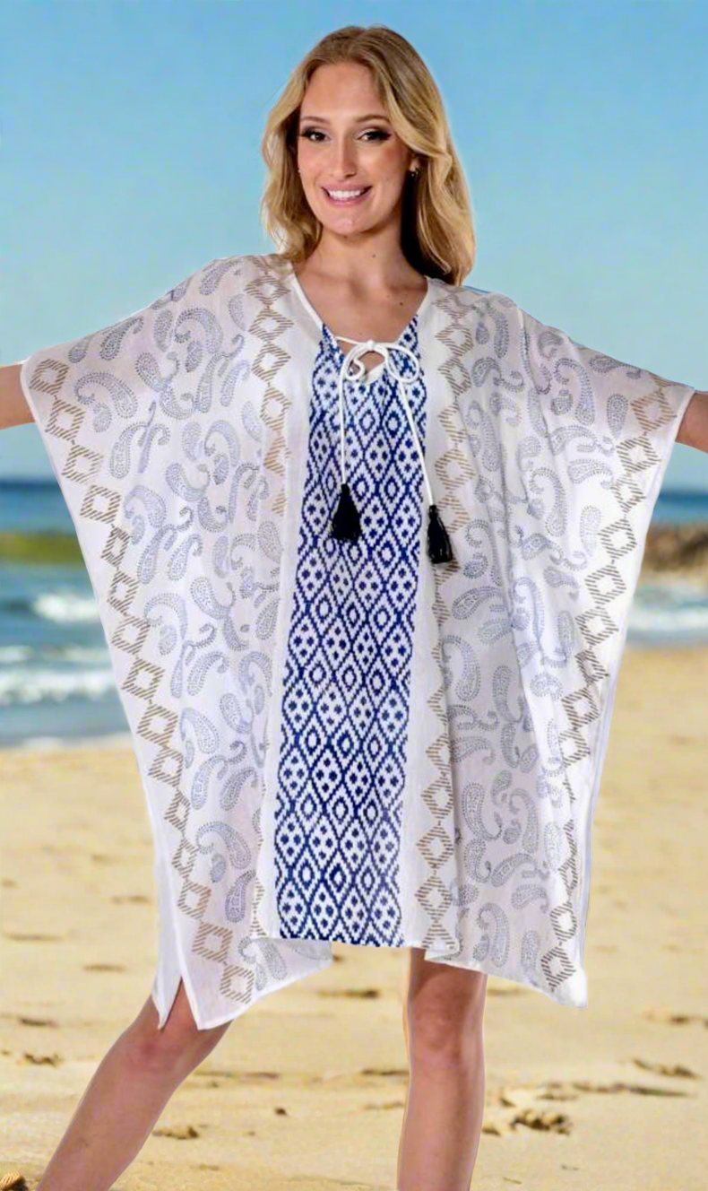 White, blue and gold tunic. Coverup for your swimsuit.