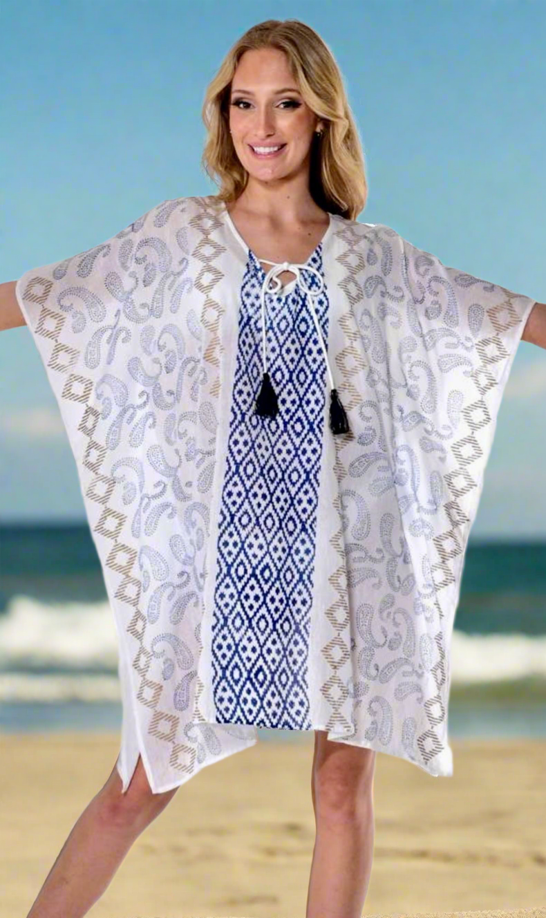 White, blue and gold tunic. Coverup for your swimsuit.
